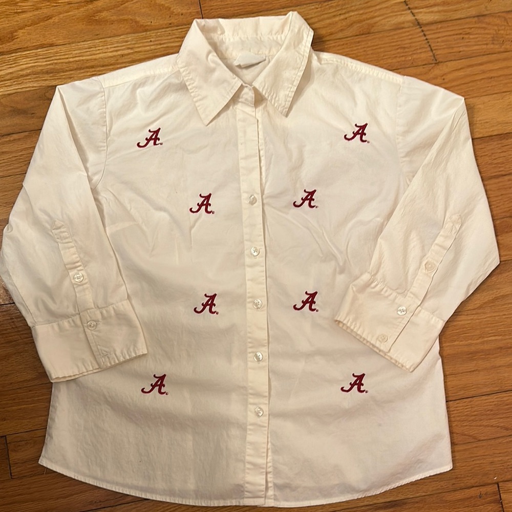 Cream Button-Up Shirt with Red Alabama “A” Embroidery